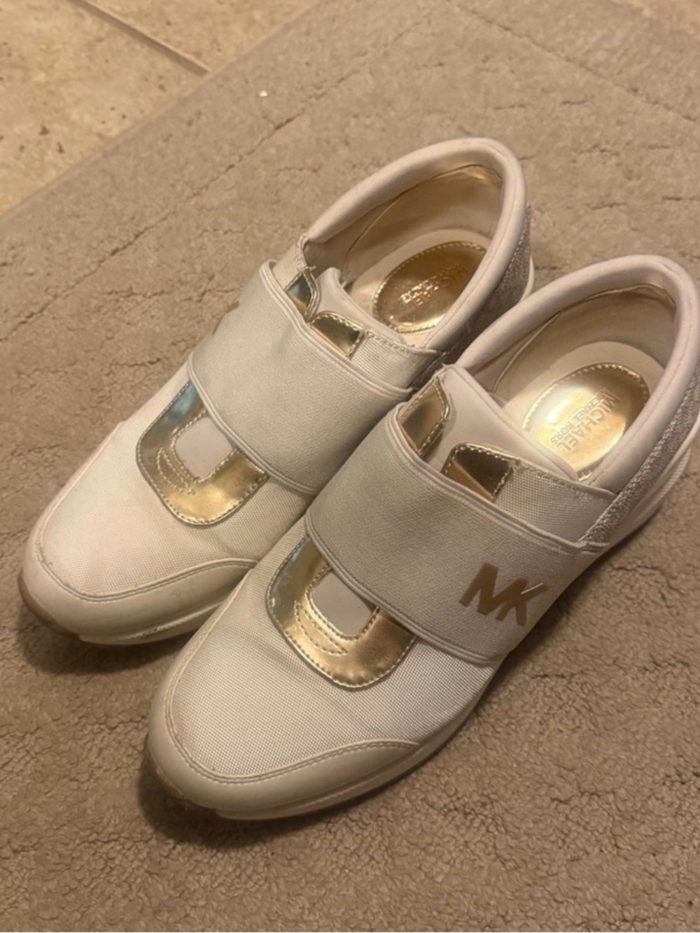 Michael Kors Cream and Gold Velcro Slip-On Sneakers